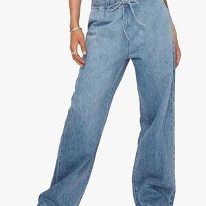 Women's Classic Denim Jeans Wide Leg Elastic High Waist Drawstring Pants Blue M